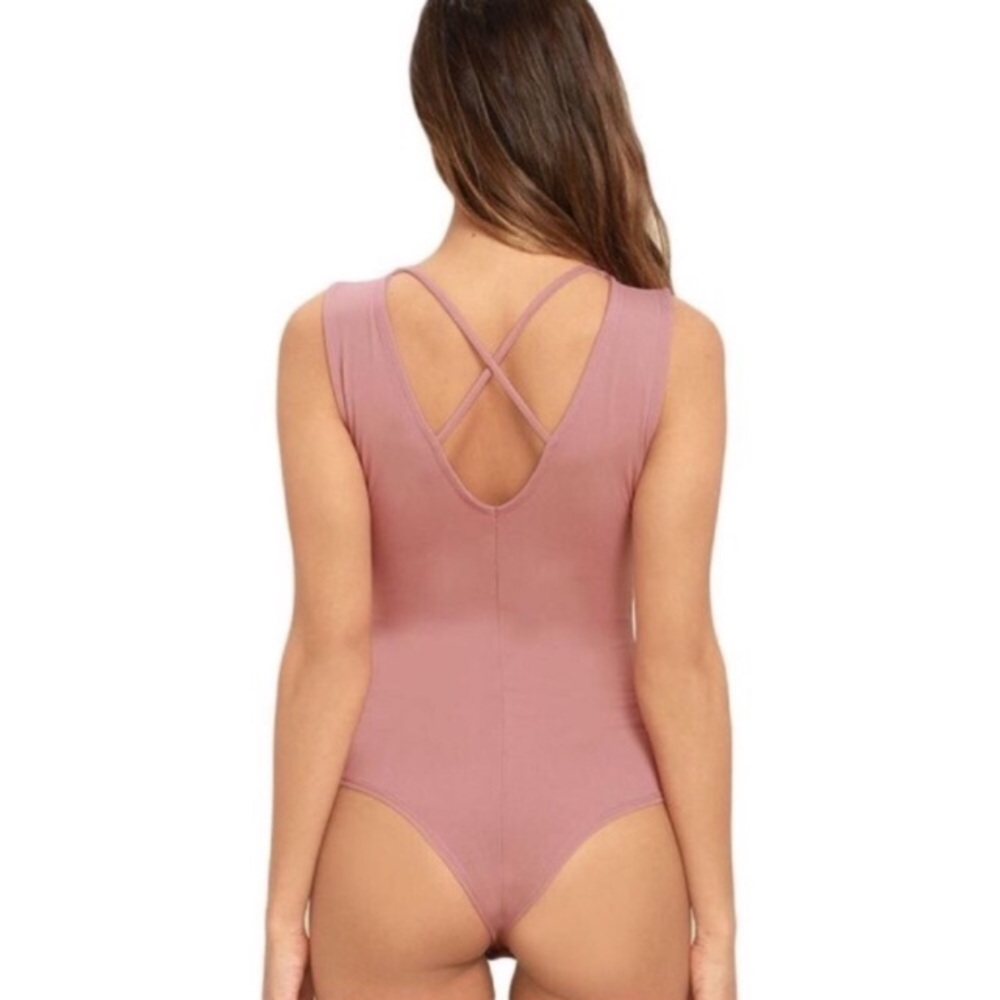 Dusty Blush Strappy Criss Cross Tank Top Bodysuit - Picture 2 of 4